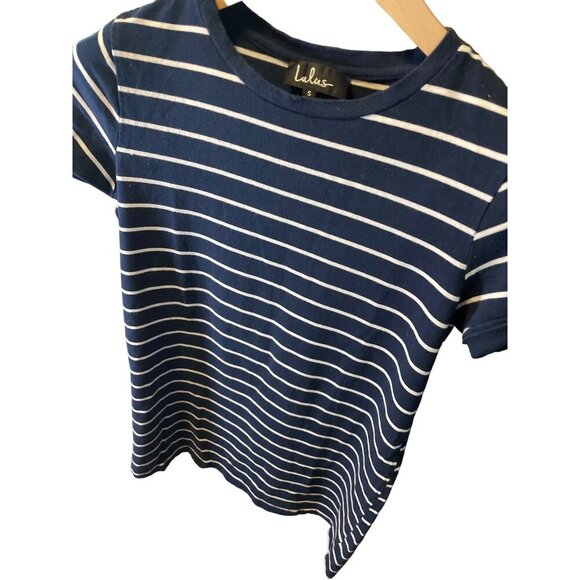 Lulu's Navy White Striped Short Sleeve Crew Neck Top SZ Small - Picture 3 of 8